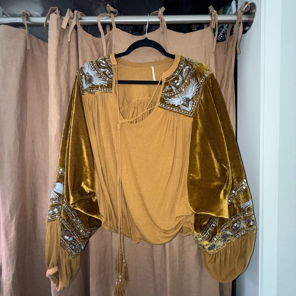 Free People Yellow Bishop Sleeve Embellished Blouse